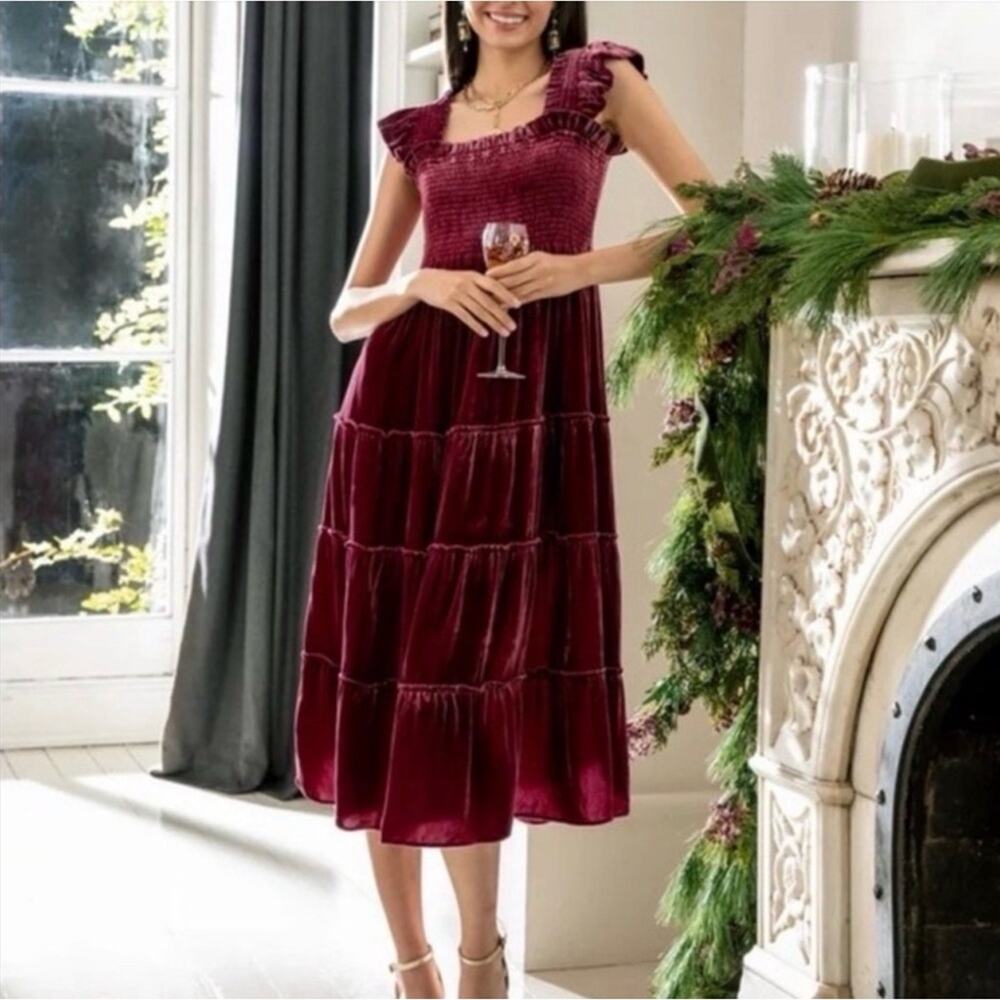 Hill House Ellie Nap Dress Burgundy Velvet Silk Blend Midi XS